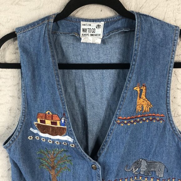 Vintage Way To Go Denim Vest Womens Large Noahs Ark Embroidered Animals 90s Rare - Picture 9 of 15